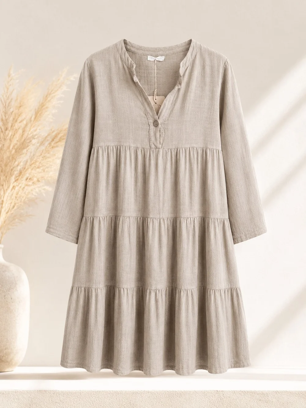 Made in Italy Linen Cotton Blend Tiered Mini Dress Tunic Large NWT Neutral Beige - Picture 7 of 12